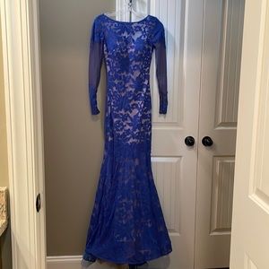 Bright blue backless prom dress